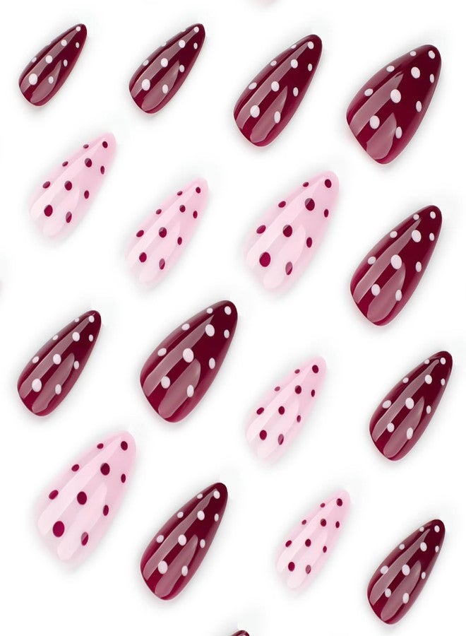 OSTTMA 24Pcs Polka Dot Press on Nails Medium Almond Fake Nails Wine Red Pink Acrylic Nail with Cute Polka Dots Designs Reusable Artificial False Nails Stick on Nail for Women DIY Manicure Tips - Image 2